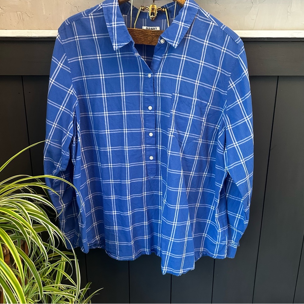 Old‎ Navy Blue and White 100% Cotton Pullover Button Plaid Shirt XXL